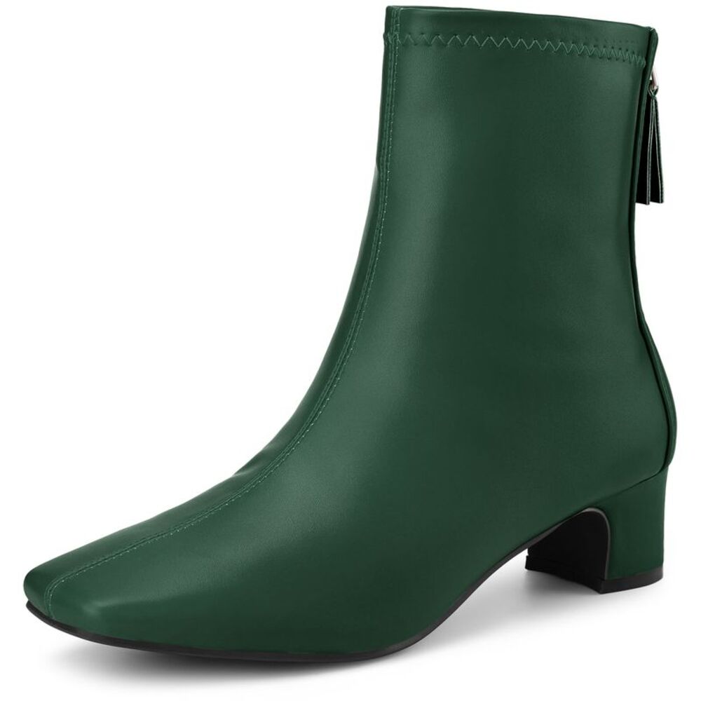 Square Toe Low Heel Ankle Boots Dark Green